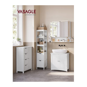 VASAGLE Badezimmer Möbel Set in Weiß: Moderner Spiegelschrank mit Beleuchtung, Waschbeckenunterschrank und Hochschrank aus Composite-Material