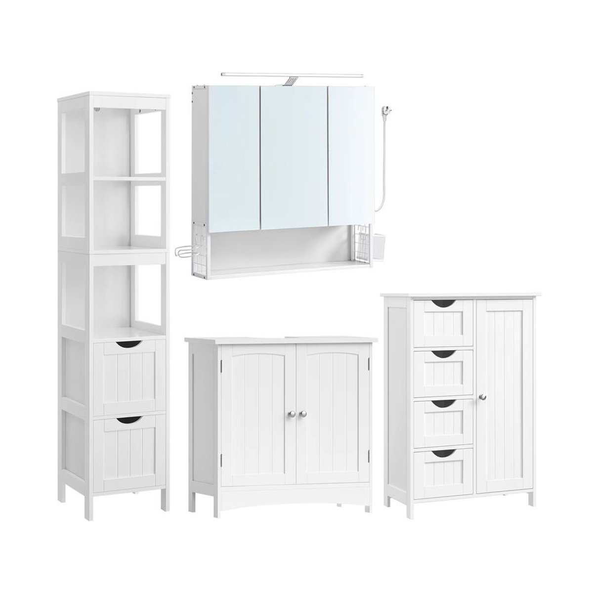 VASAGLE Badezimmer Möbel Set in Weiß: Moderner Spiegelschrank mit Beleuchtung, Waschbeckenunterschrank und Hochschrank aus Composite-Material - Bild 2