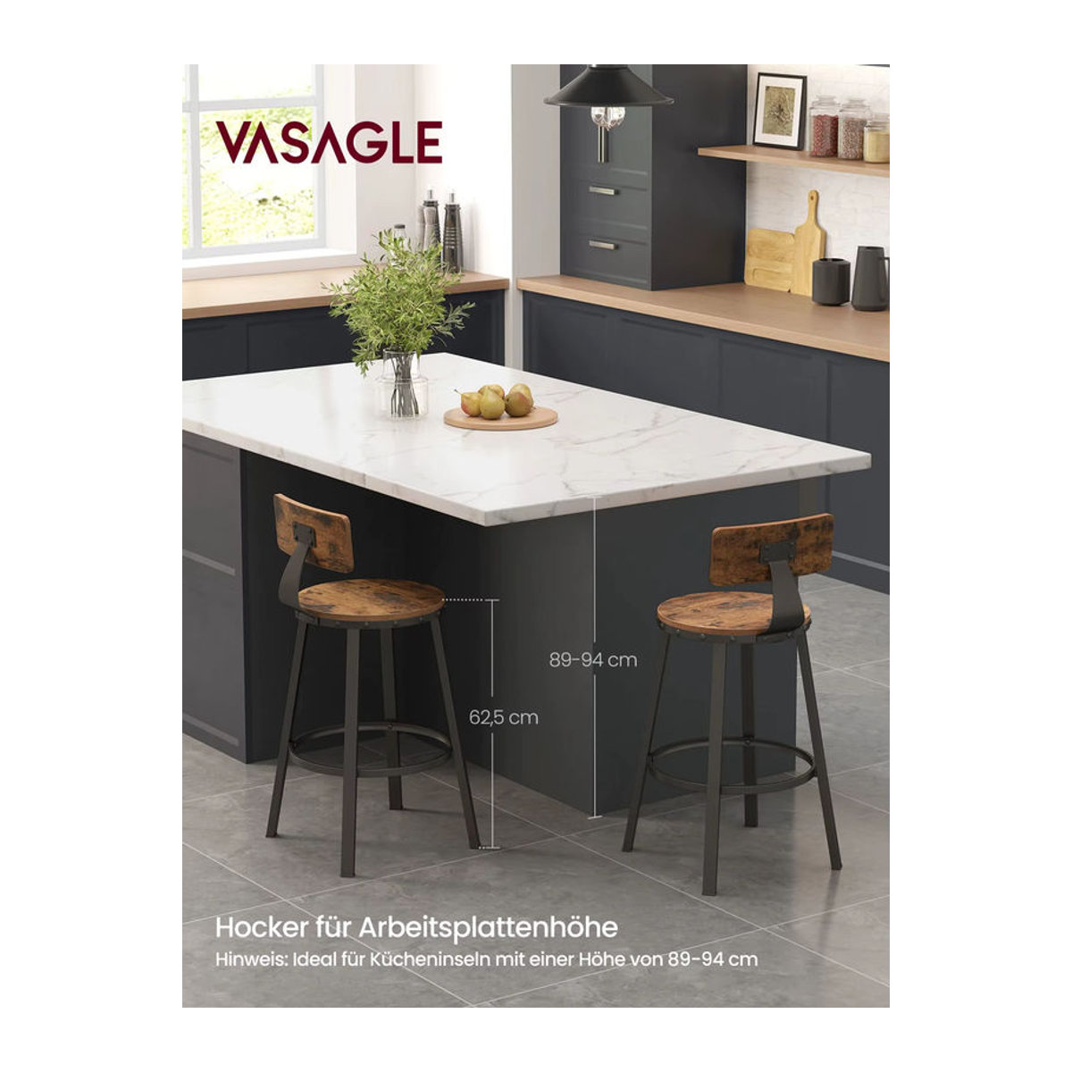 VASAGLE Barhocker 2er Set im Industrial Design mit Metallgestell, braun-schwarz, Höhe: 62,5 cm - Bild 1