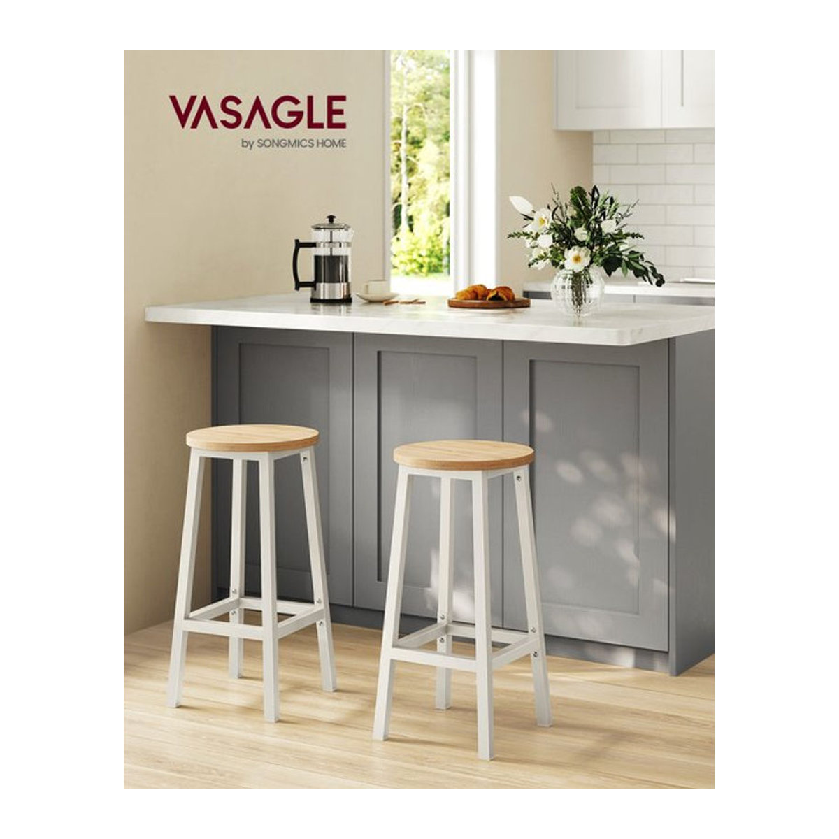 VASAGLE Barhocker Set aus 2 Stück im skandinavischen Design in Eichenbeige-Weiß und Schwarz/Weiß - Bild 1