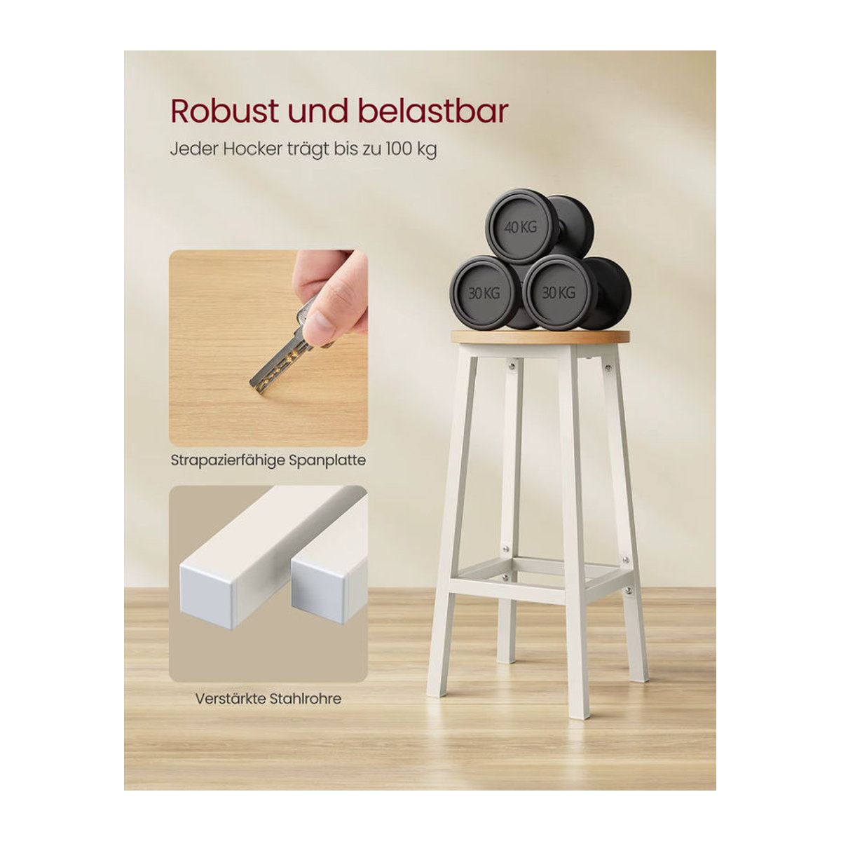 VASAGLE Barhocker Set aus 2 Stück im skandinavischen Design in Eichenbeige-Weiß und Schwarz/Weiß - Bild 4