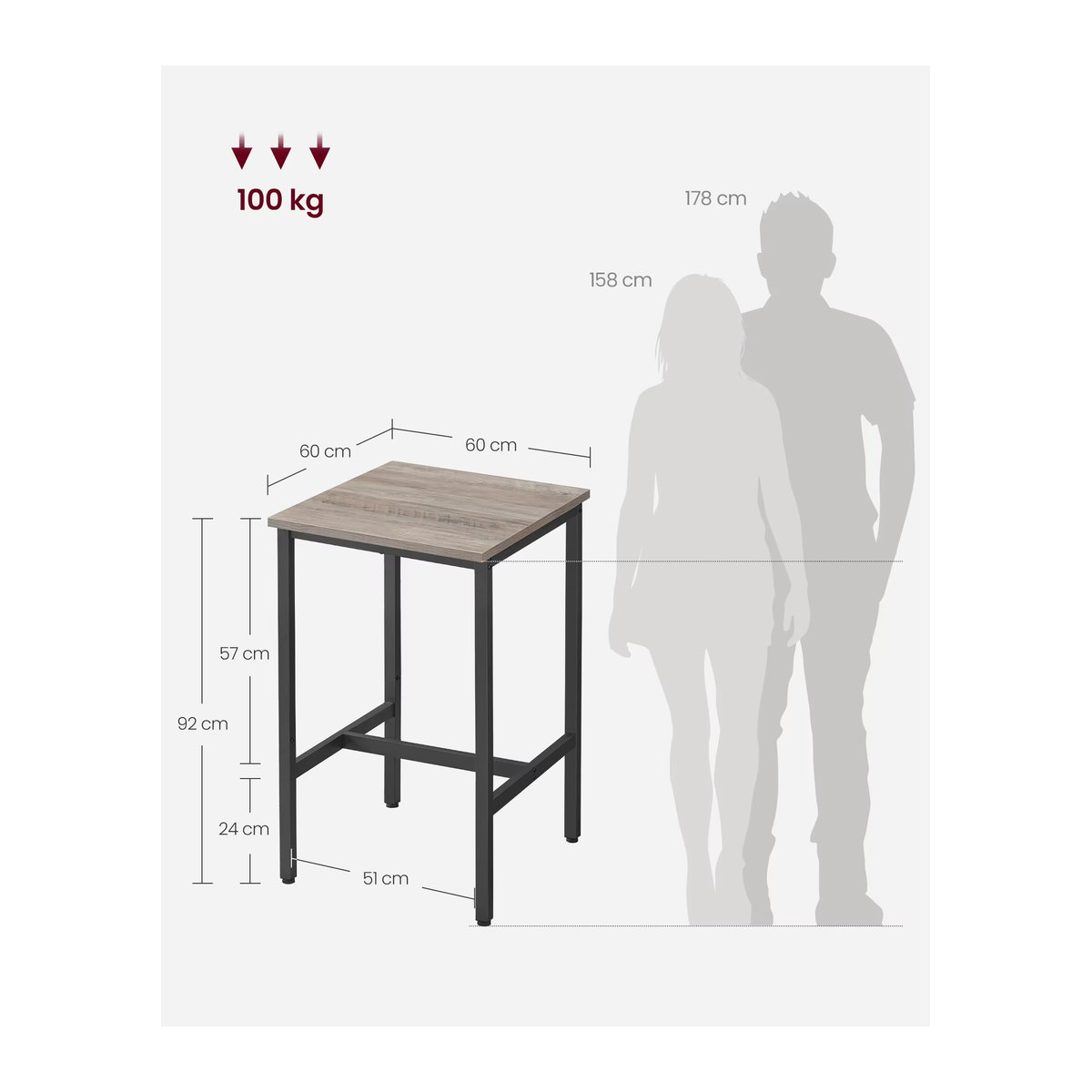 VASAGLE Bartisch und Stehtisch im Industrial Design, Schwarz/Grau, B/T/H: 60 x 60 x 92 cm - Bild 2