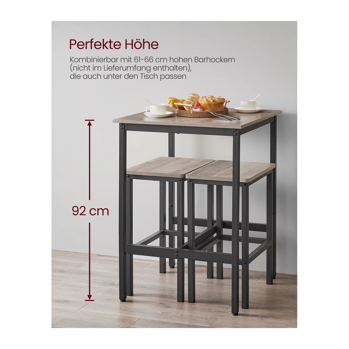 VASAGLE Bartisch und Stehtisch im Industrial Design, Schwarz/Grau, B/T/H: 60 x 60 x 92 cm - Bild 3