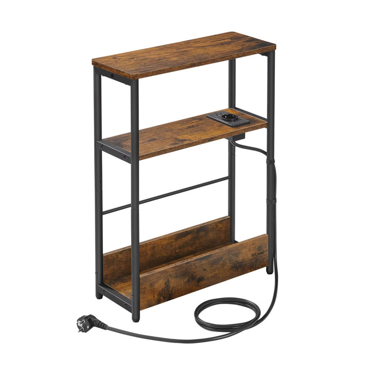 VASAGLE Beistelltisch im Industrial Design mit Ladefunktion, 3 Ablagen und Zeitschriftenhalter in Nussbaum und dunklem Khaki - Bild 2