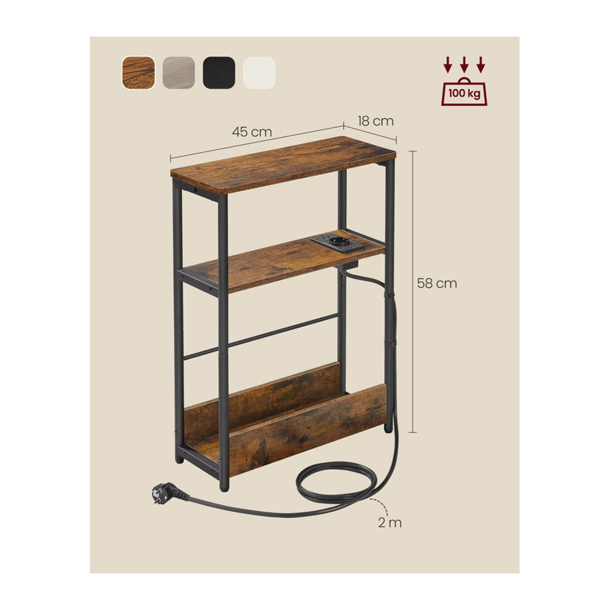 VASAGLE Beistelltisch im Industrial Design mit Ladefunktion, 3 Ablagen und Zeitschriftenhalter in Nussbaum und dunklem Khaki - Bild 3