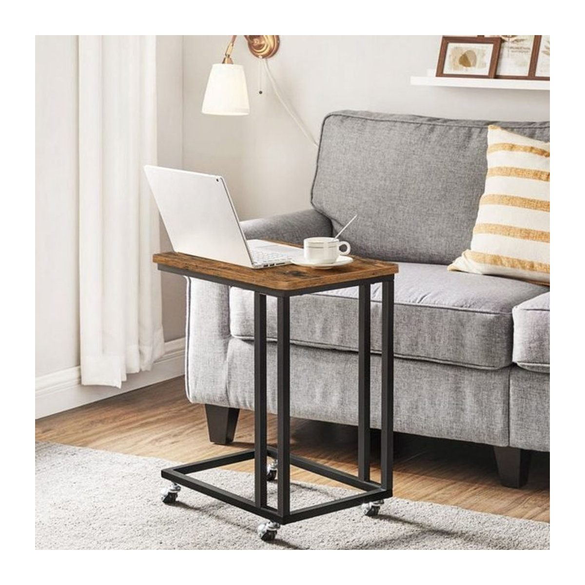 VASAGLE Beistelltisch in C-Form mit Rollen, mobiler Kaffeetisch im Industrial Design, Braun/Nussbaum, B: 35 cm, T: 50 cm, H: 60 cm - Bild 1