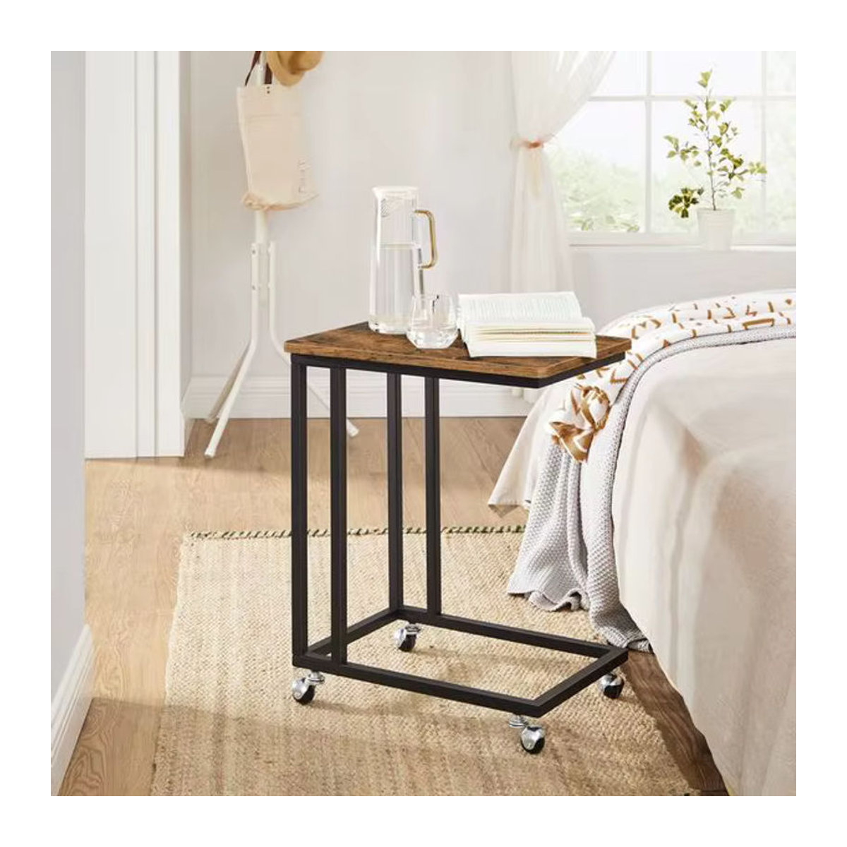 VASAGLE Beistelltisch in C-Form mit Rollen, mobiler Kaffeetisch im Industrial Design, Braun/Nussbaum, B: 35 cm, T: 50 cm, H: 60 cm - Bild 2