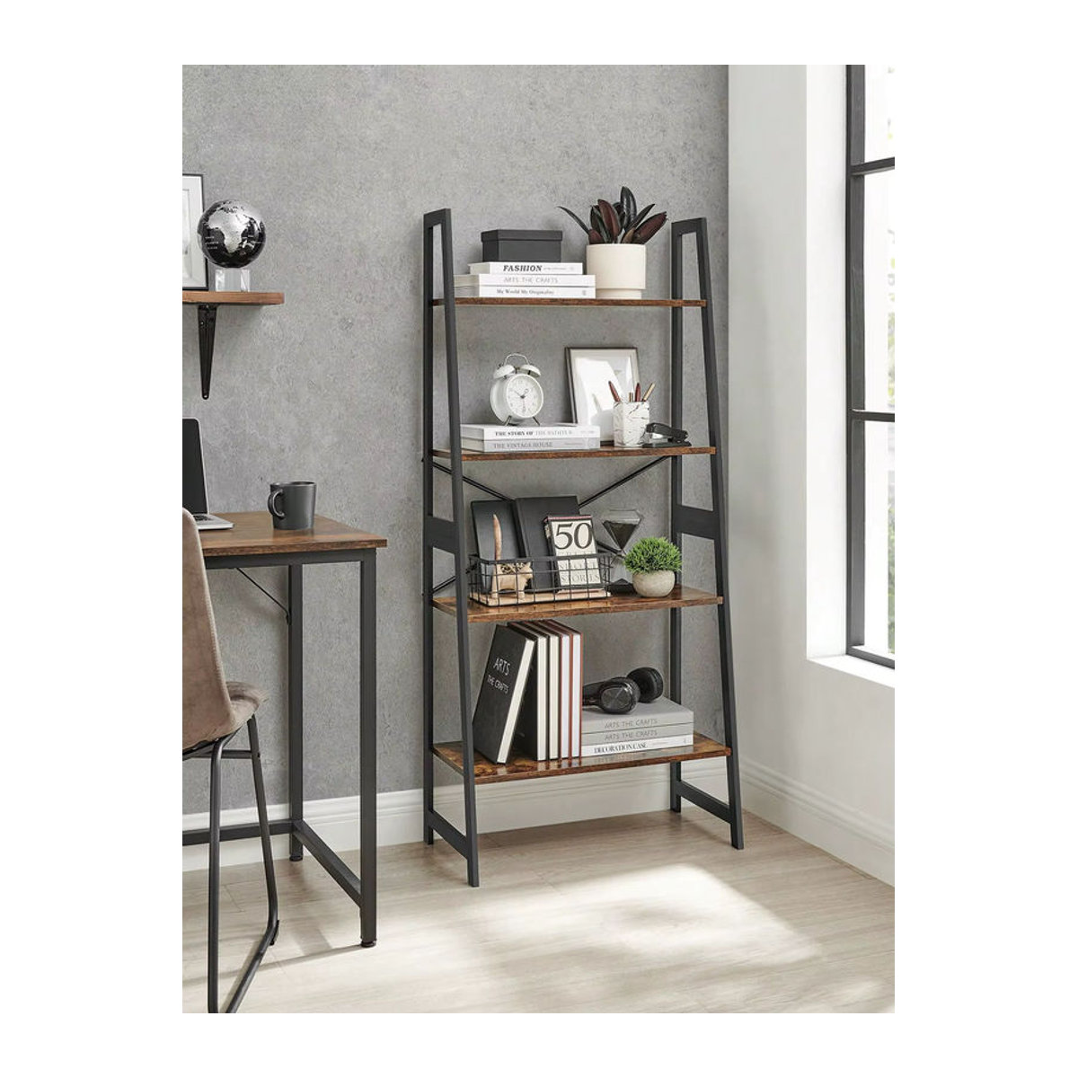 VASAGLE Bücherregal aus Bambus in Braun im Industrial Design mit 4 Ebenen als freistehendes Leiterregal - Bild 3