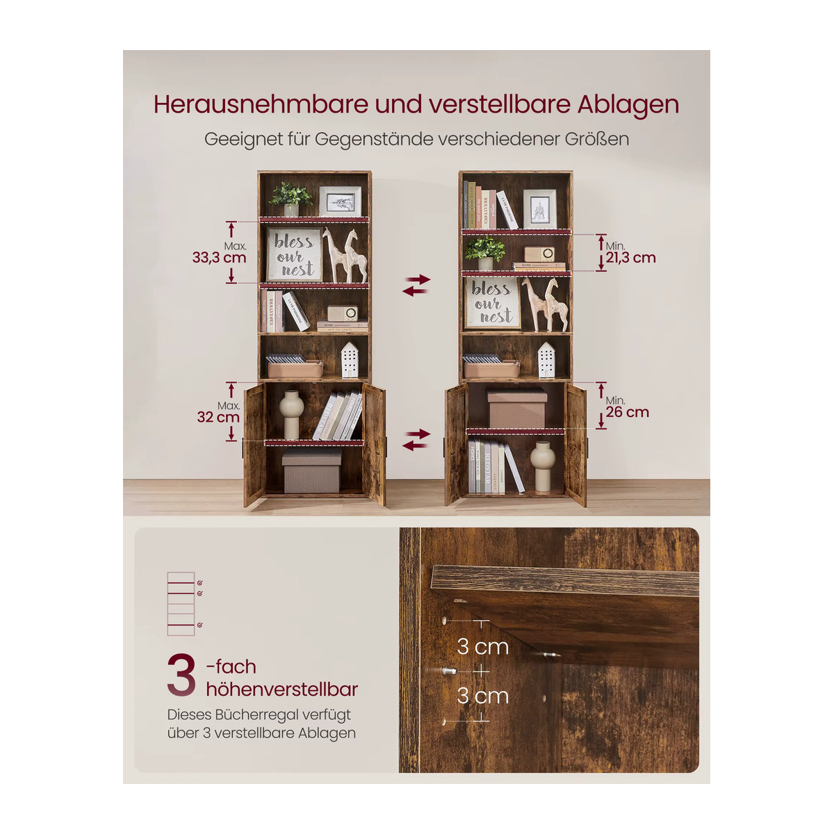 VASAGLE Bücherregal Custos Collection in Braun im Industrial Design mit 6 Stöcken und Türen - Bild 2