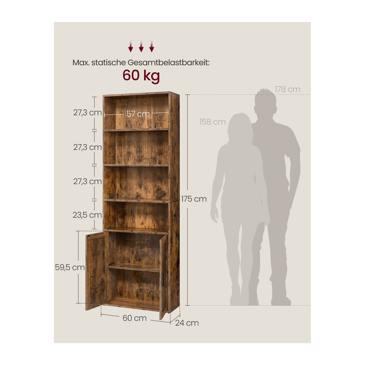 VASAGLE Bücherregal Custos Collection in Braun im Industrial Design mit 6 Stöcken und Türen - Bild 3