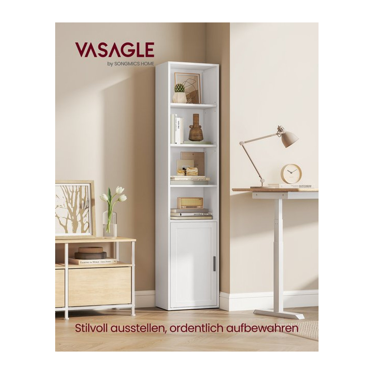 VASAGLE Bücherregal Custos Collection in Weiß, 6-stöckiges minimalistisches Standregal mit Tür und offenen Ablageflächen - Bild 1