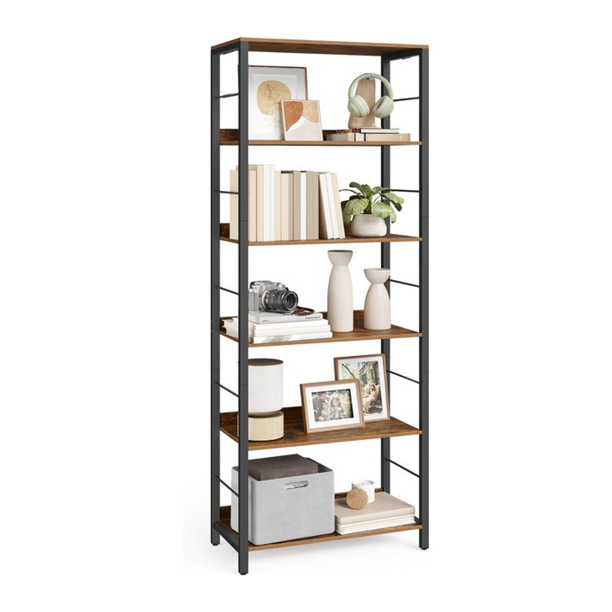 VASAGLE Bücherregal im Industrial Design als freistehende 5/6-lagige Aufbewahrungslage in Schwarz und Braun - Bild 1