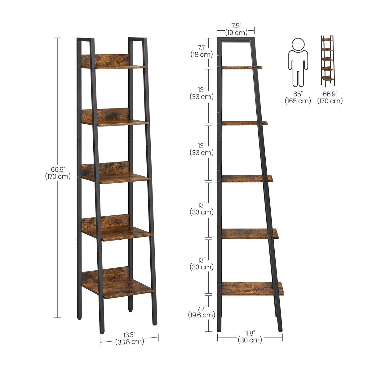 VASAGLE Bücherregal im Industrial Design mit 5 Ablagen aus Metall, Farbe: Vintagebraun-Schwarz, B/T/H: 30 x 30 x 170 cm - Bild 3