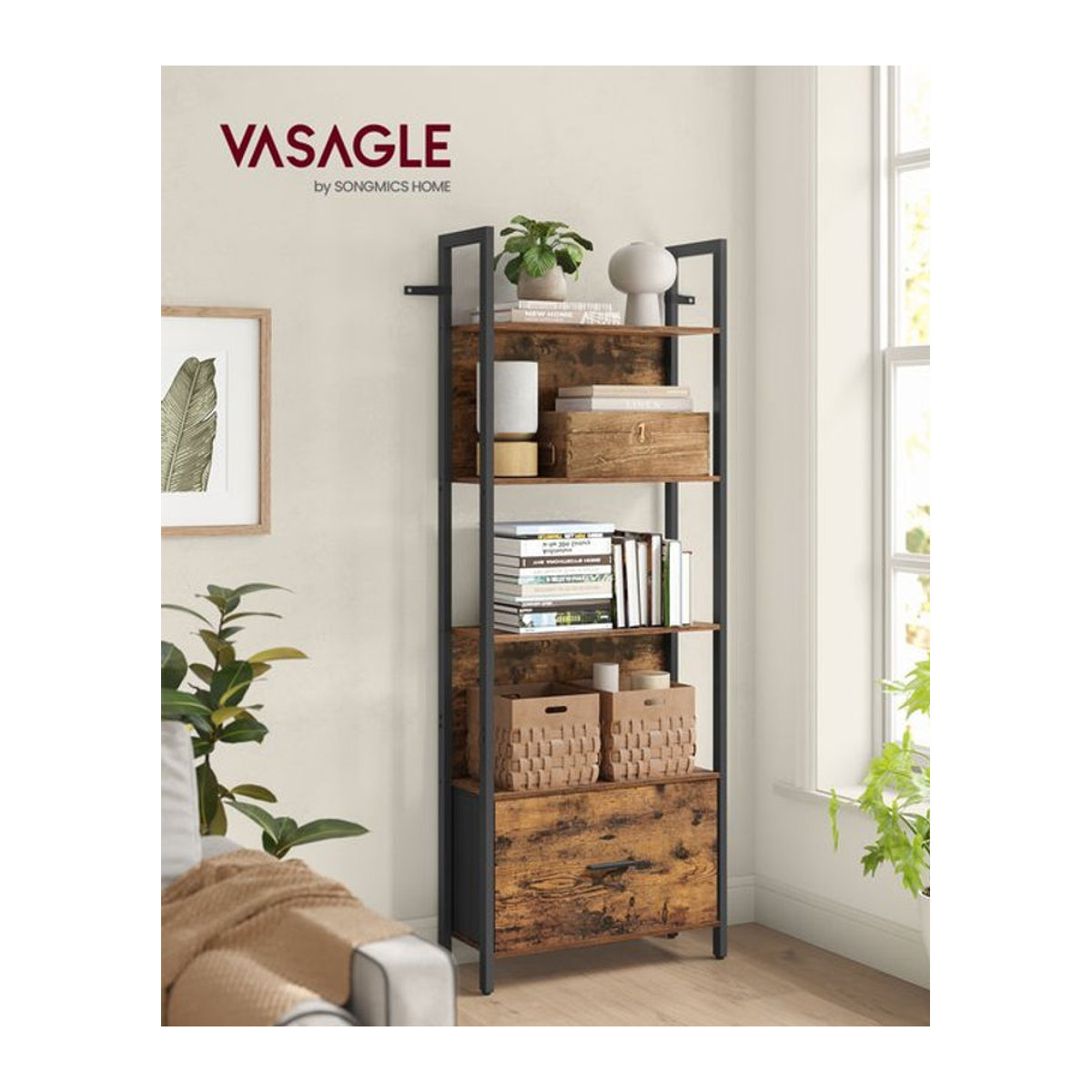VASAGLE Bücherregal im Industrial-Design mit 5 Ebenen, Eckregal mit Schublade aus Stahl und Holzwerkstoff, Braun/Schwarz - Bild 1