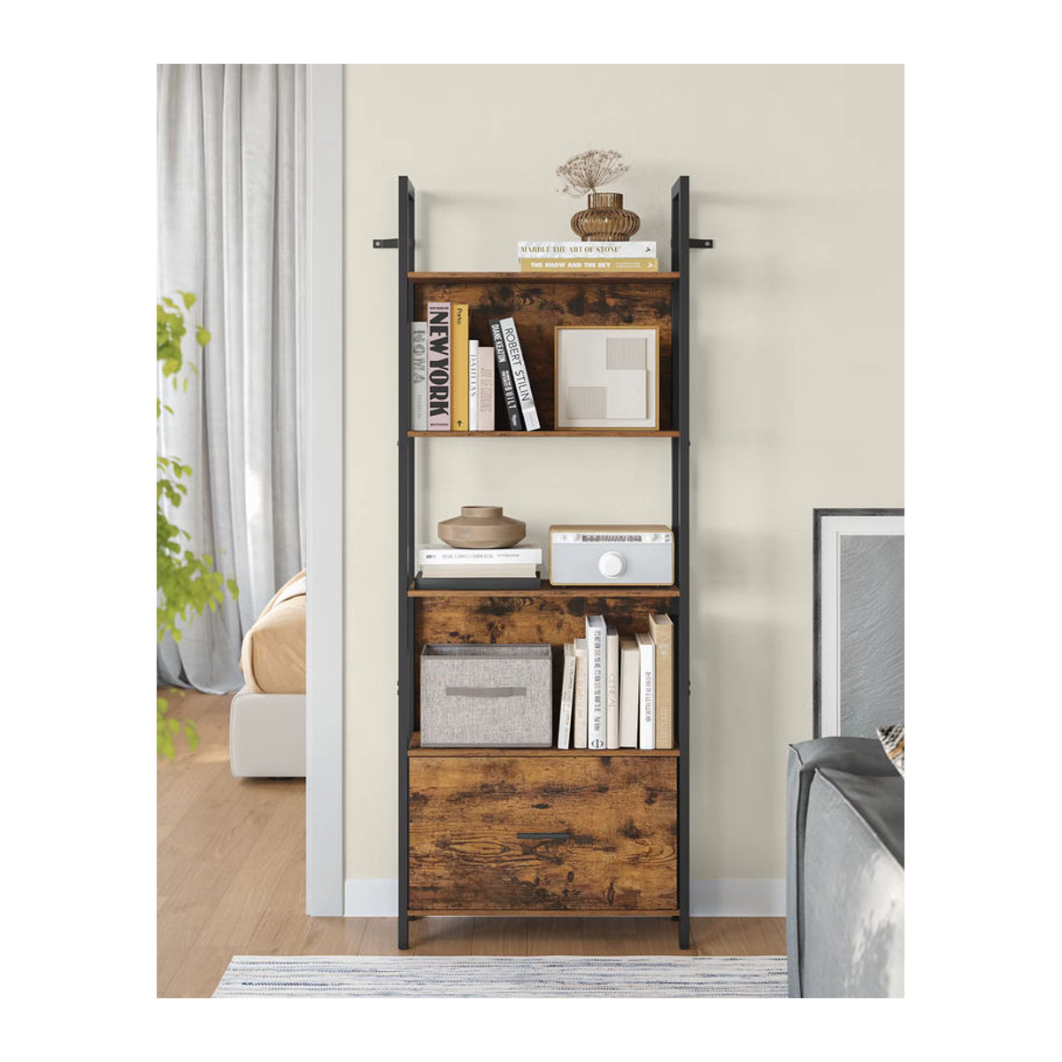 VASAGLE Bücherregal im Industrial-Design mit 5 Ebenen, Eckregal mit Schublade aus Stahl und Holzwerkstoff, Braun/Schwarz - Bild 2