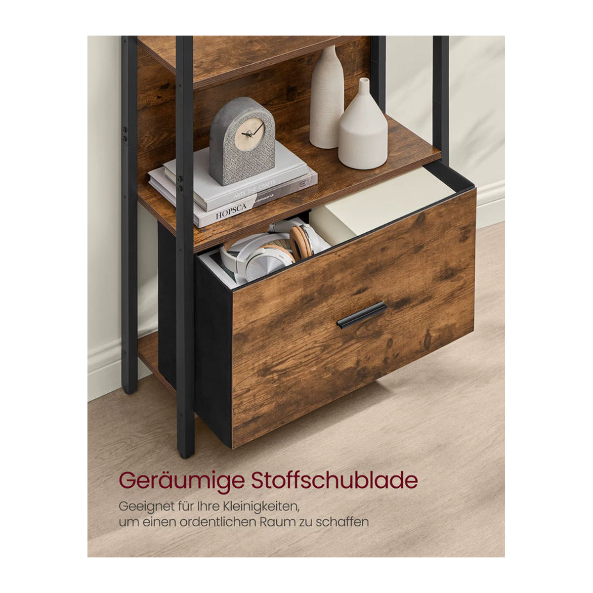 VASAGLE Bücherregal im Industrial-Design mit 5 Ebenen, Eckregal mit Schublade aus Stahl und Holzwerkstoff, Braun/Schwarz - Bild 3