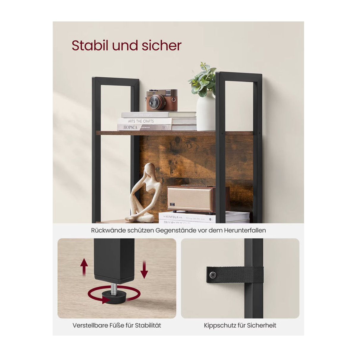 VASAGLE Bücherregal im Industrial-Design mit 5 Ebenen, Eckregal mit Schublade aus Stahl und Holzwerkstoff, Braun/Schwarz - Bild 4