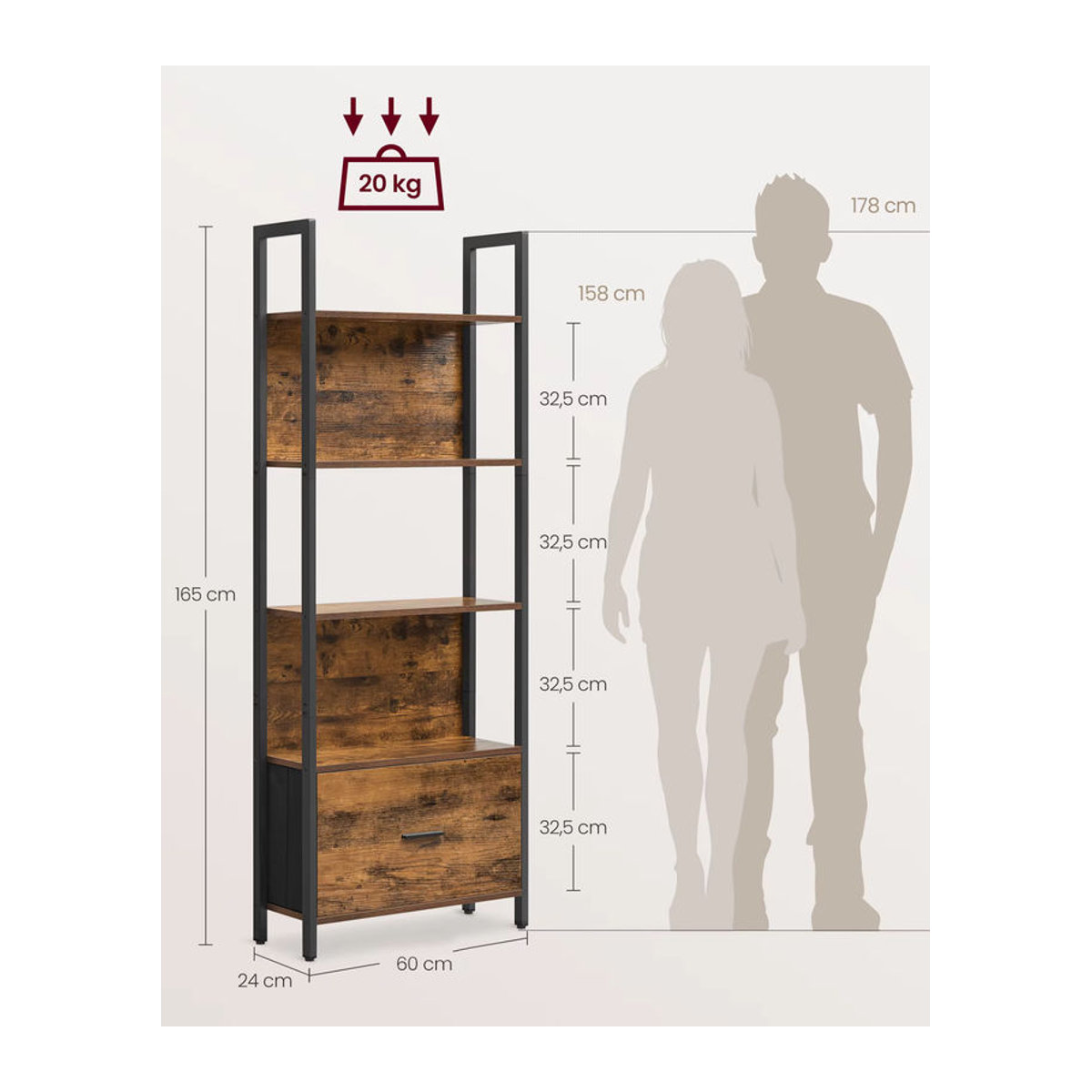 VASAGLE Bücherregal im Industrial-Design mit 5 Ebenen, Eckregal mit Schublade aus Stahl und Holzwerkstoff, Braun/Schwarz - Bild 5