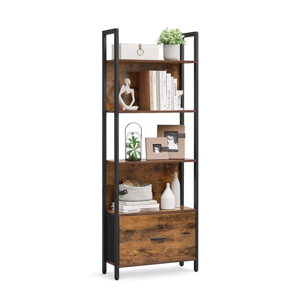 VASAGLE Bücherregal im Industrial-Design mit 5 Ebenen, Eckregal mit Schublade aus Stahl und Holzwerkstoff, Braun/Schwarz - Bild 6