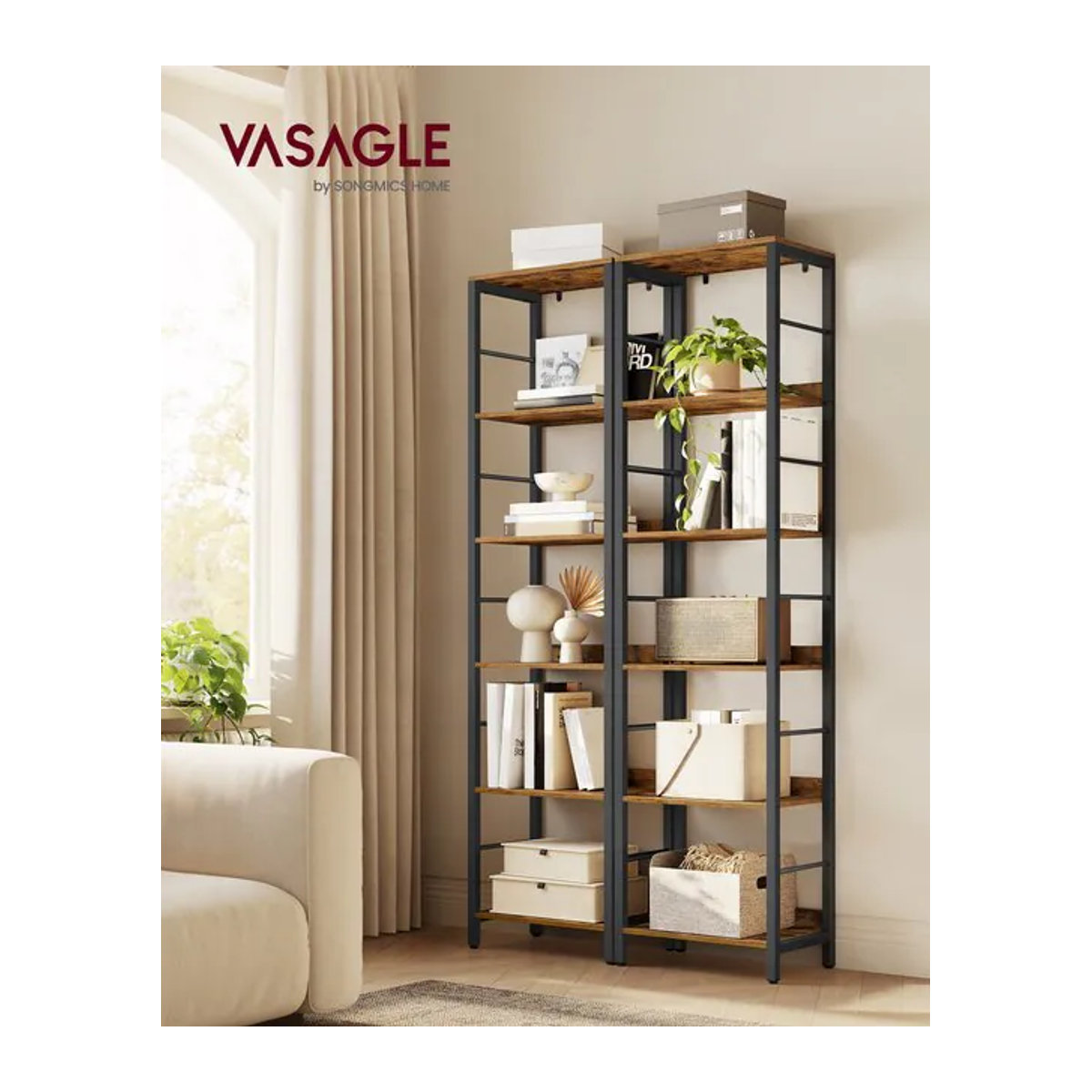 VASAGLE Bücherregal im Industrial Design mit 6 Ebenen und Rückplatten, Metall und Holz, Schwarz/Braun - Bild 1