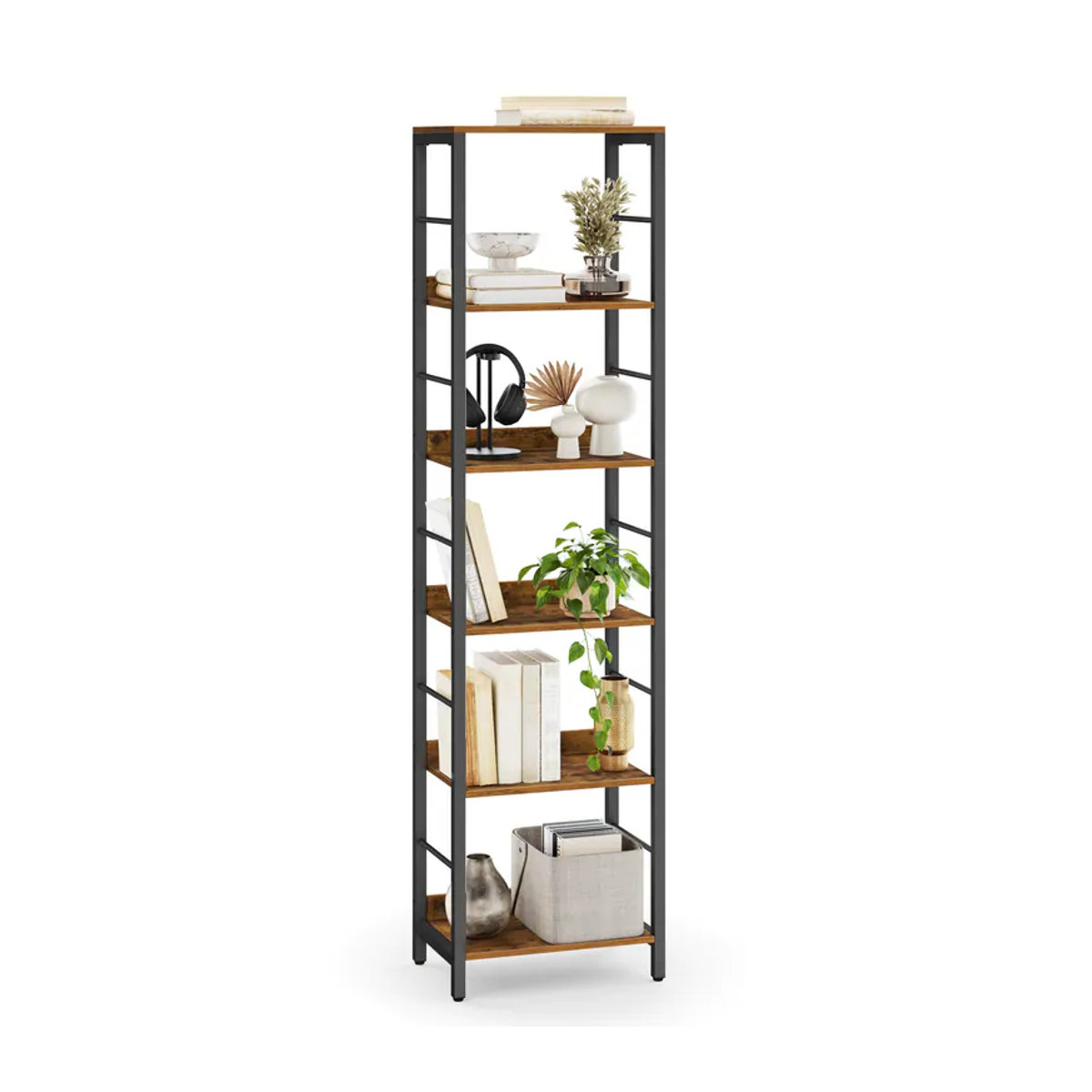 VASAGLE Bücherregal im Industrial Design mit 6 Ebenen und Rückplatten, Metall und Holz, Schwarz/Braun - Bild 2