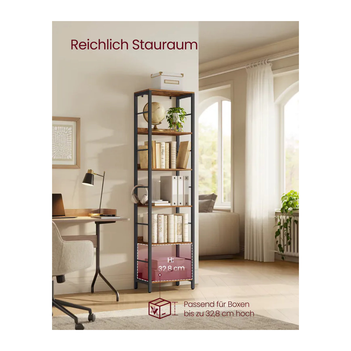 VASAGLE Bücherregal im Industrial Design mit 6 Ebenen und Rückplatten, Metall und Holz, Schwarz/Braun - Bild 3
