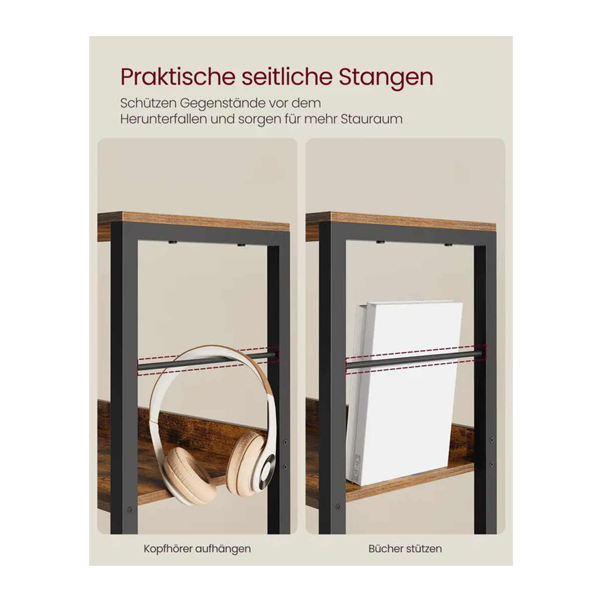 VASAGLE Bücherregal im Industrial Design mit 6 Ebenen und Rückplatten, Metall und Holz, Schwarz/Braun - Bild 4