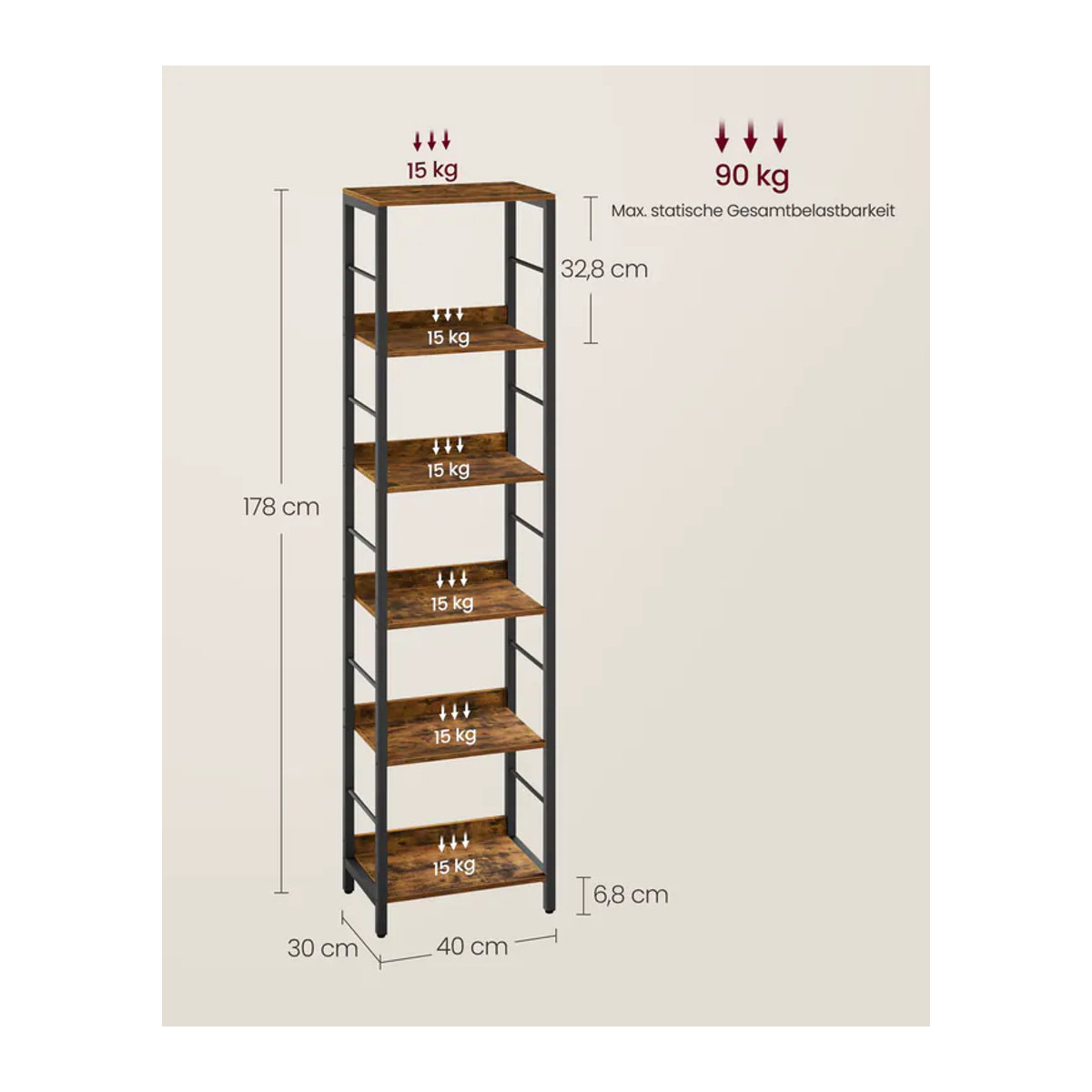 VASAGLE Bücherregal im Industrial Design mit 6 Ebenen und Rückplatten, Metall und Holz, Schwarz/Braun - Bild 5