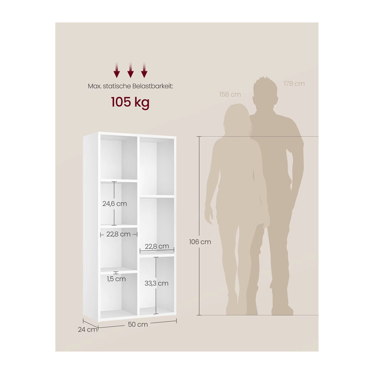 VASAGLE Bücherregal in Weiß mit 7 Fächern im minimalistischen Design als freistehendes Standregal für Wohnzimmer, Büro oder Kinderzimmer - Bild 4