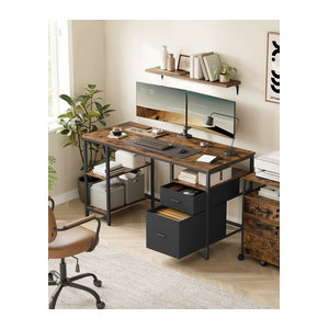 VASAGLE Computertisch im Industrial Design mit 3 Ablagen und 2 Schubladen, Farbe: Vintagebraun-Schwarz, B/T/H: 140 x 60 x 76 cm