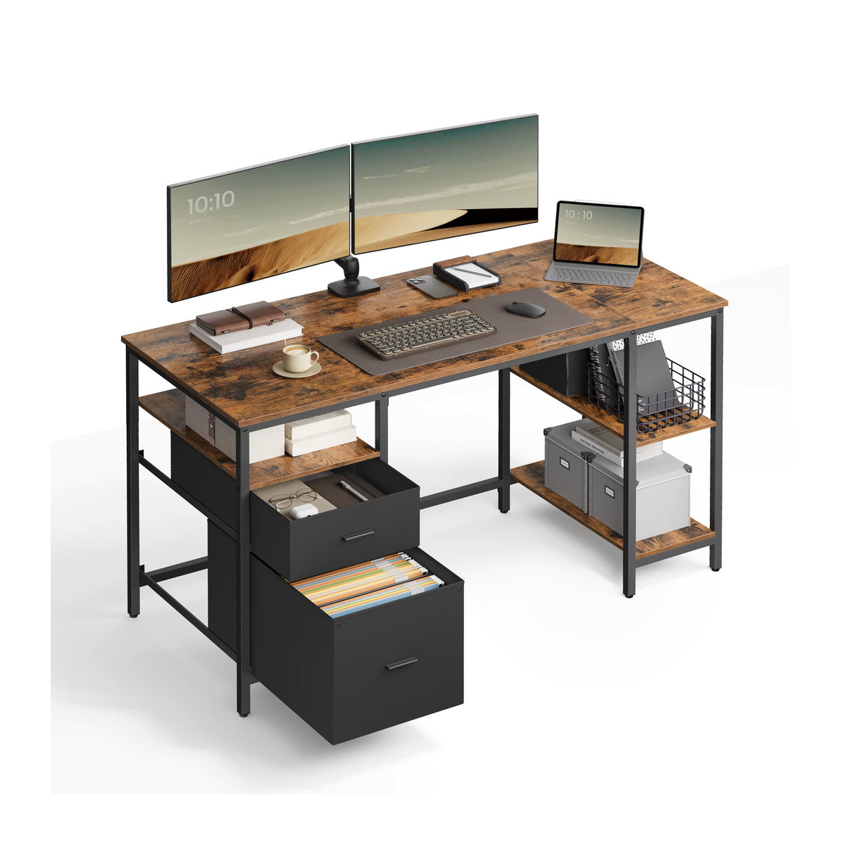 VASAGLE Computertisch im Industrial Design mit 3 Ablagen und 2 Schubladen, Farbe: Vintagebraun-Schwarz, B/T/H: 140 x 60 x 76 cm - Bild 2