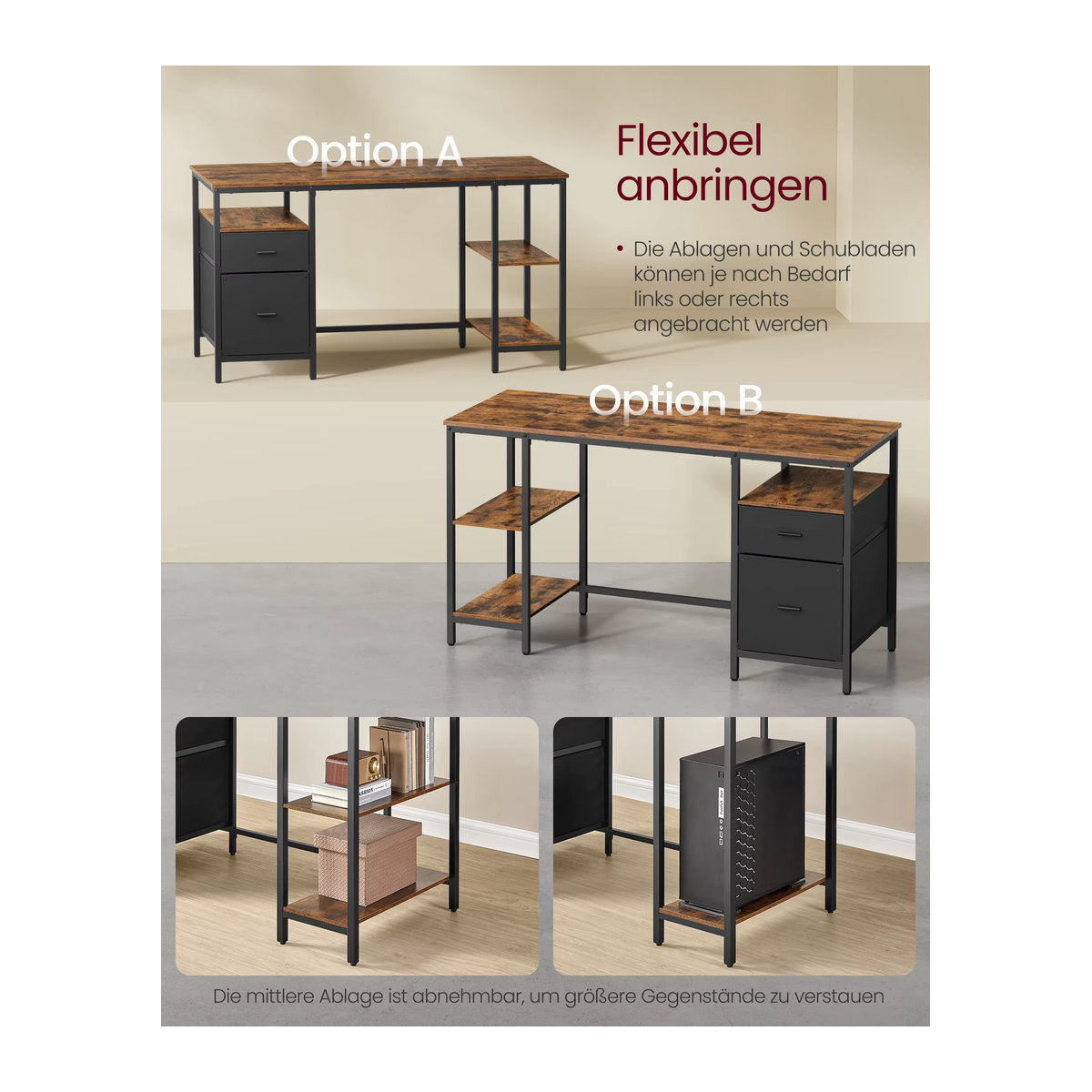 VASAGLE Computertisch im Industrial Design mit 3 Ablagen und 2 Schubladen, Farbe: Vintagebraun-Schwarz, B/T/H: 140 x 60 x 76 cm - Bild 3