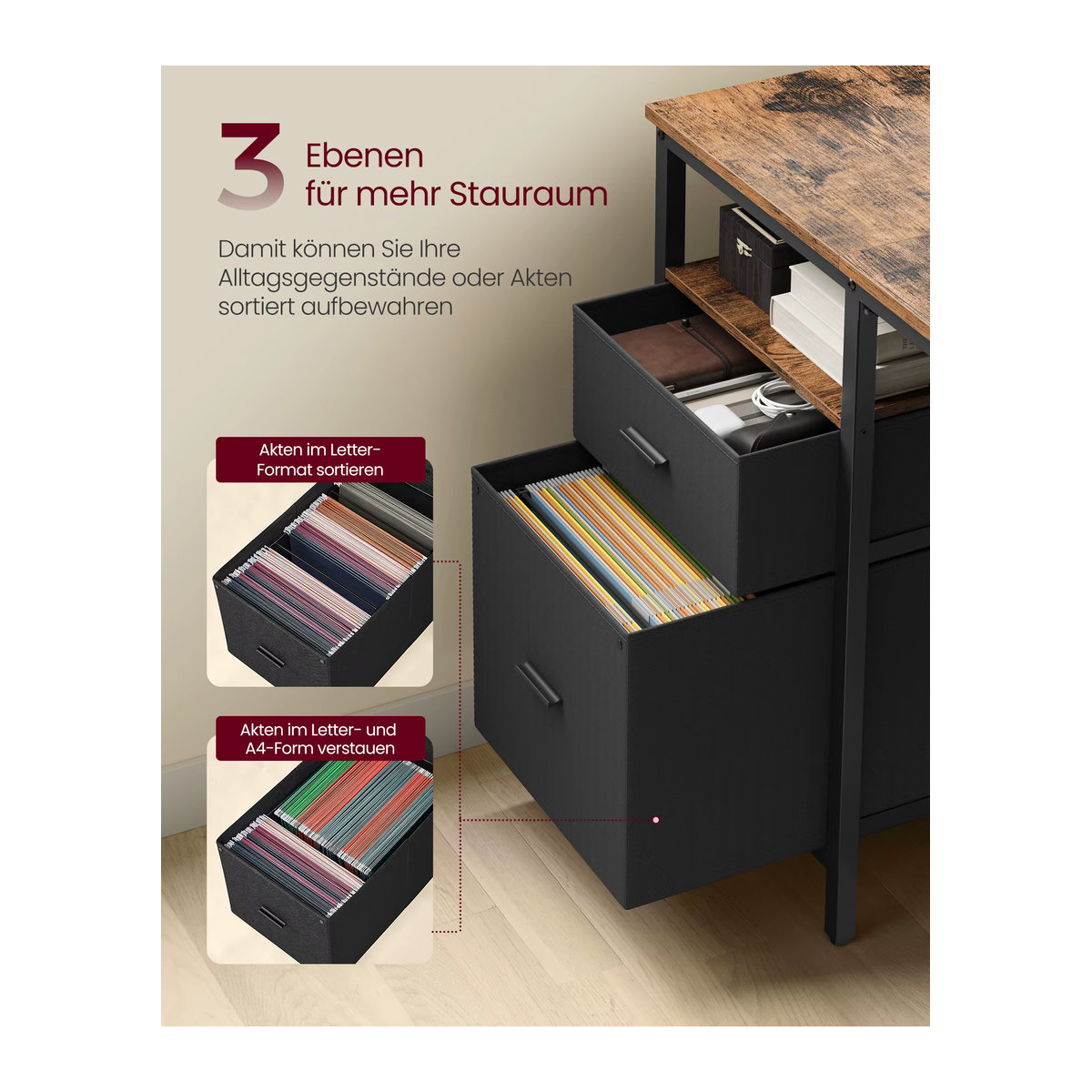 VASAGLE Computertisch im Industrial Design mit 3 Ablagen und 2 Schubladen, Farbe: Vintagebraun-Schwarz, B/T/H: 140 x 60 x 76 cm - Bild 4