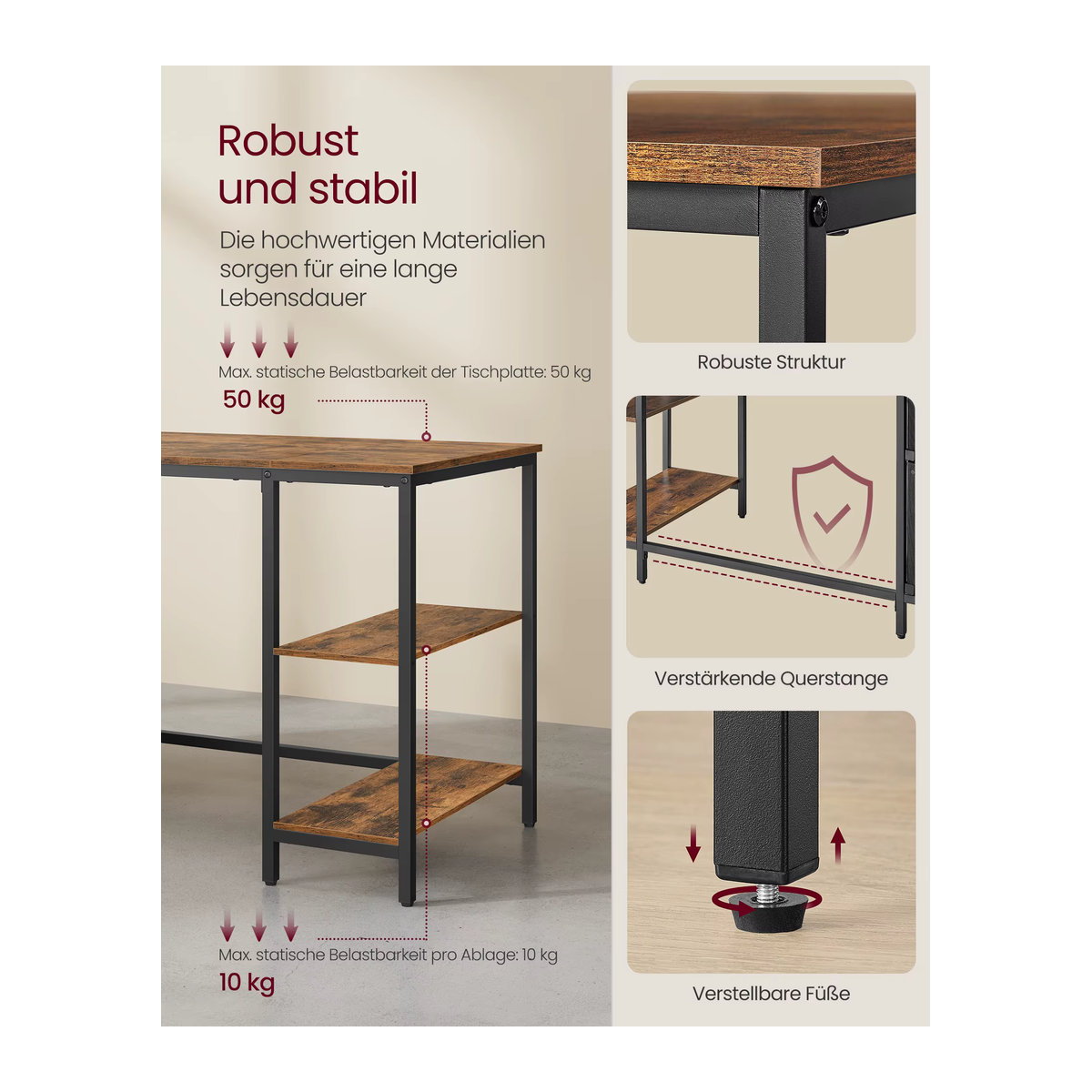 VASAGLE Computertisch im Industrial Design mit 3 Ablagen und 2 Schubladen, Farbe: Vintagebraun-Schwarz, B/T/H: 140 x 60 x 76 cm - Bild 5