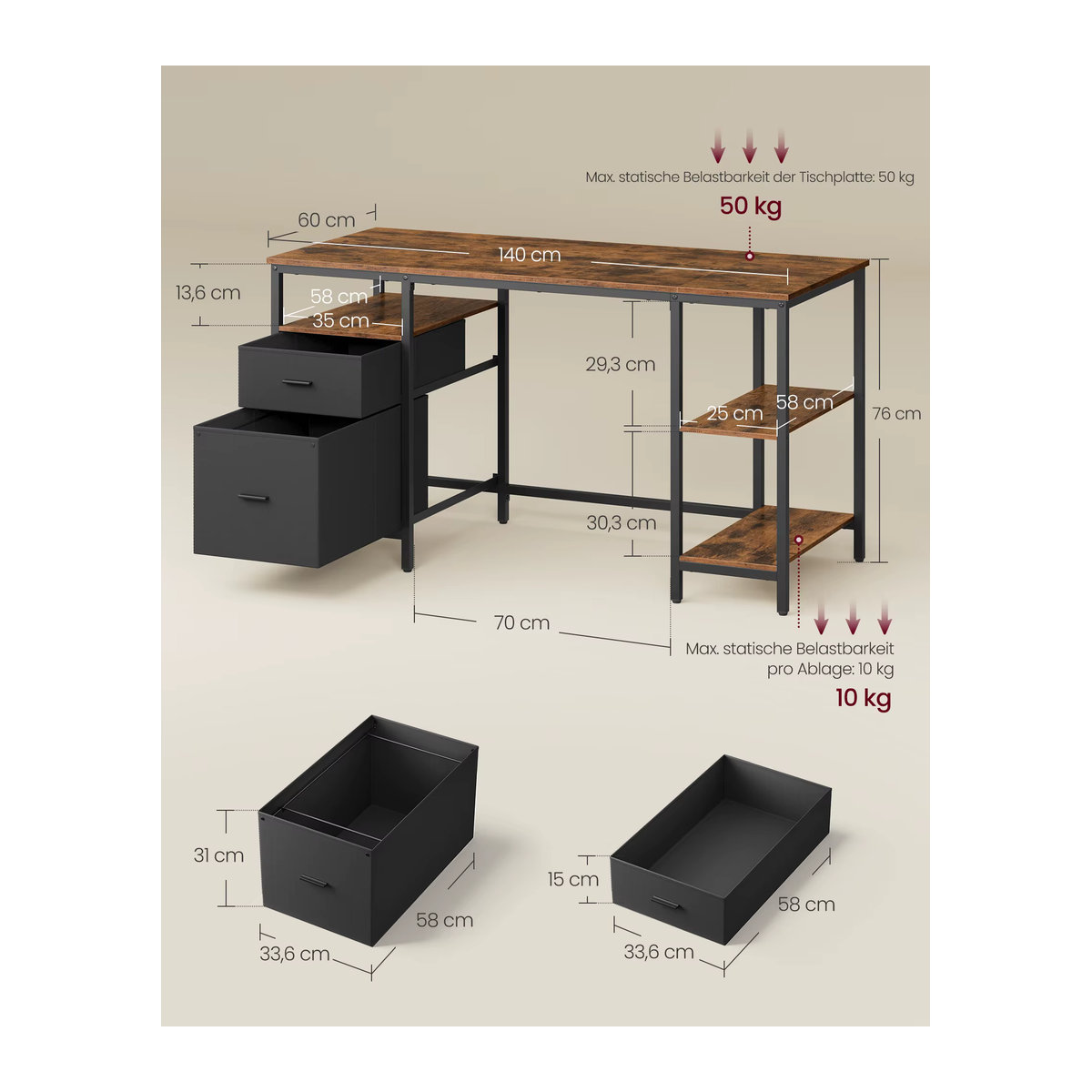 VASAGLE Computertisch im Industrial Design mit 3 Ablagen und 2 Schubladen, Farbe: Vintagebraun-Schwarz, B/T/H: 140 x 60 x 76 cm - Bild 6