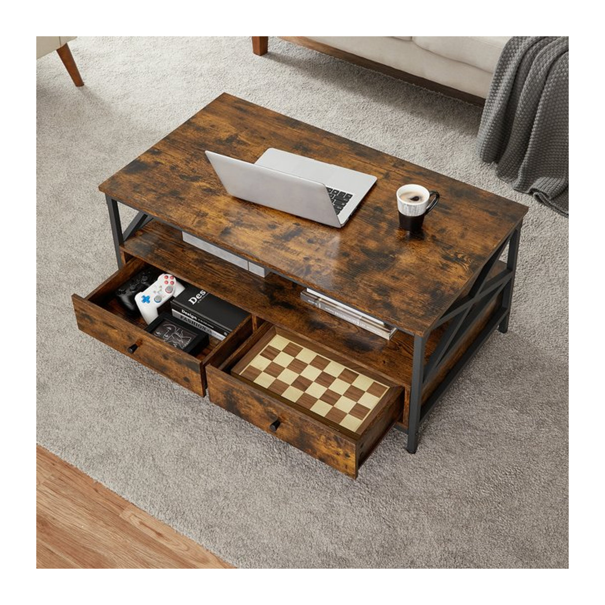 VASAGLE Couchtisch im Industrie-Design mit Schubladen und offener Ablage in Braun und Schwarz - Bild 1