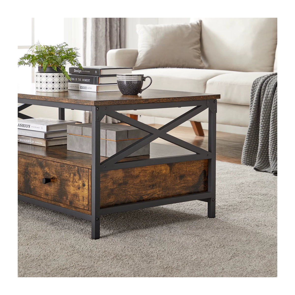 VASAGLE Couchtisch im Industrie-Design mit Schubladen und offener Ablage in Braun und Schwarz - Bild 2