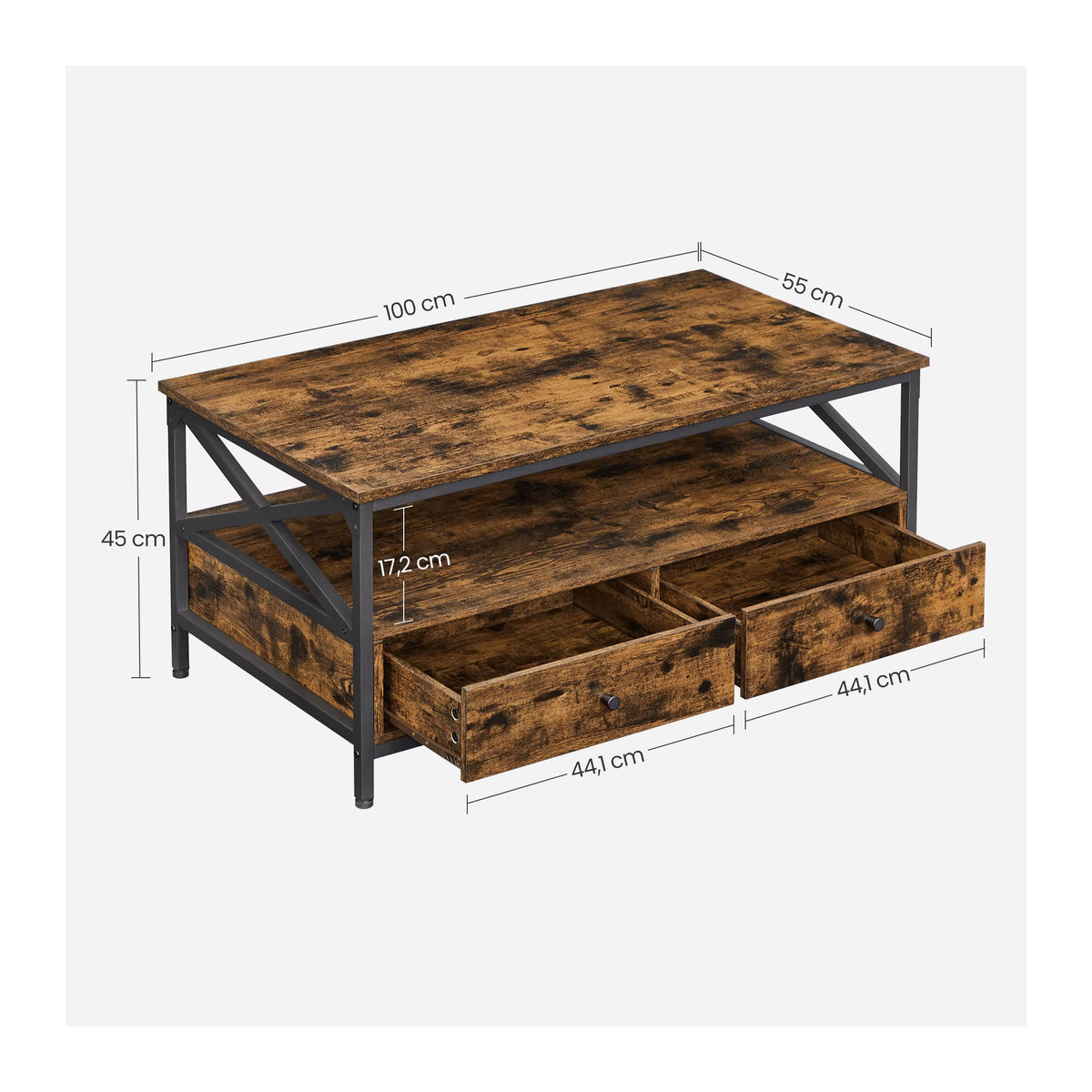 VASAGLE Couchtisch im Industrie-Design mit Schubladen und offener Ablage in Braun und Schwarz - Bild 3