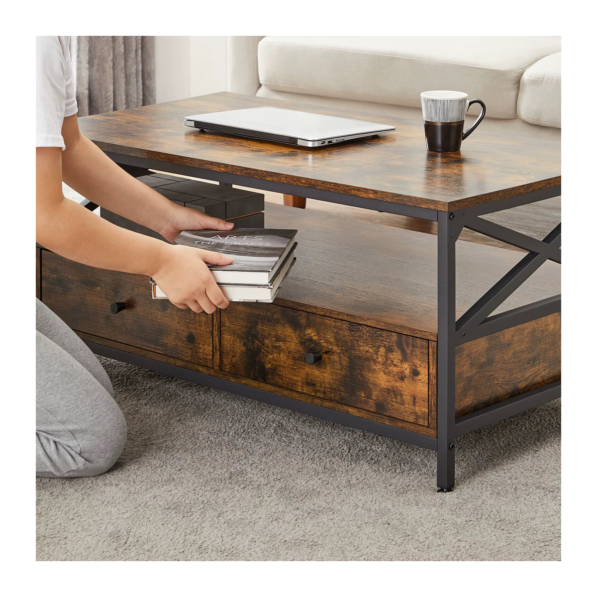 VASAGLE Couchtisch im Industrie-Design mit Schubladen und offener Ablage in Braun und Schwarz - Bild 4