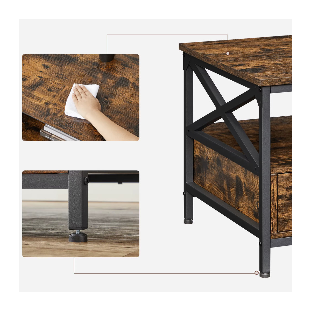 VASAGLE Couchtisch im Industrie-Design mit Schubladen und offener Ablage in Braun und Schwarz - Bild 5