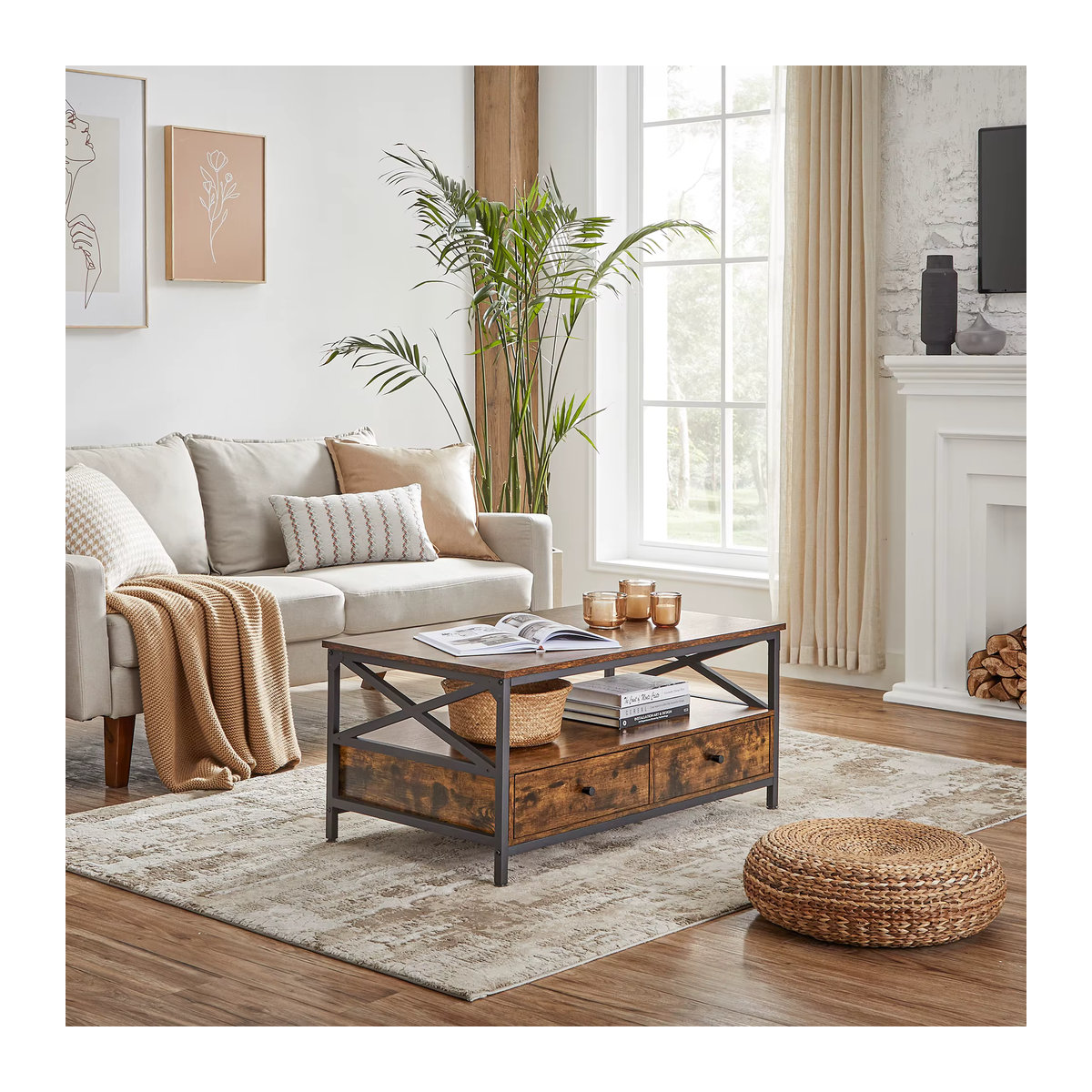 VASAGLE Couchtisch im Industrie-Design mit Schubladen und offener Ablage in Braun und Schwarz - Bild 6