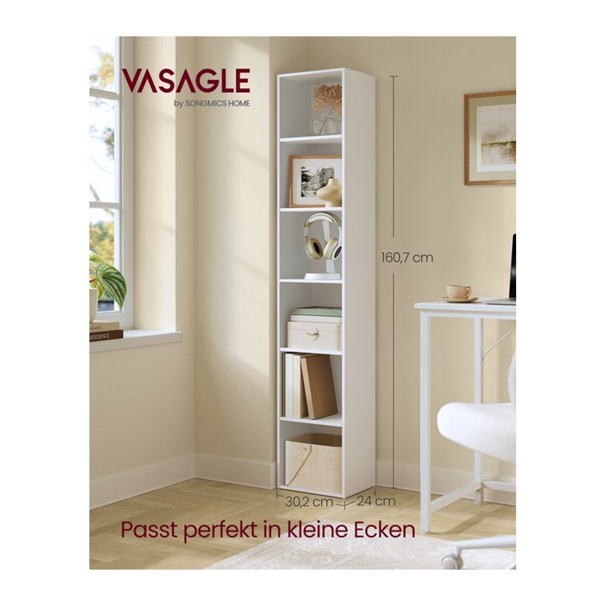 VASAGLE CUSTOS Kollektion Bücherregal in Weiß, 6-stöckiges minimalistisches Aufbewahrungsregal, B/T/H: 24 x 30,2 x 160,7 cm - Bild 1