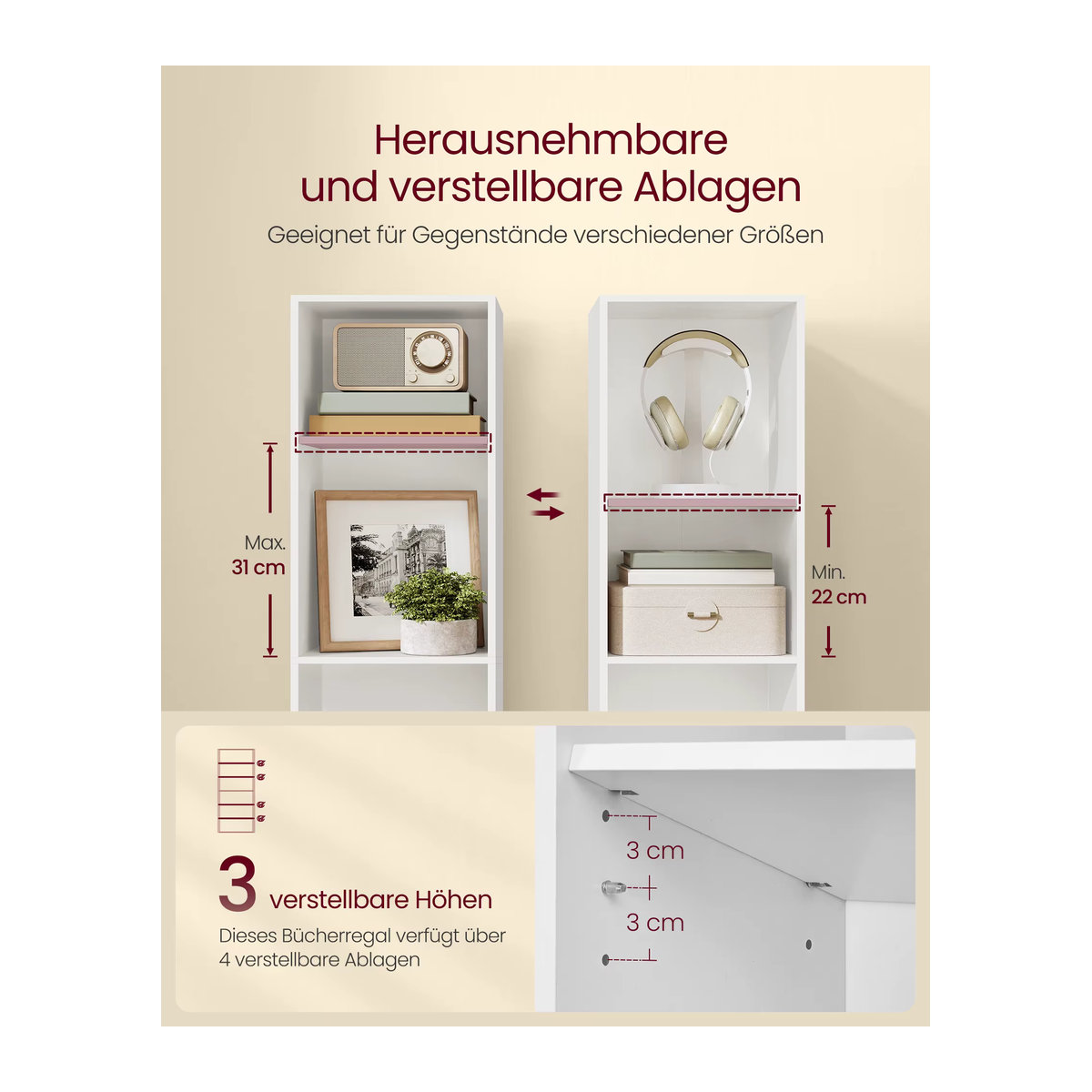 VASAGLE CUSTOS Kollektion Bücherregal in Weiß, 6-stöckiges minimalistisches Aufbewahrungsregal, B/T/H: 24 x 30,2 x 160,7 cm - Bild 2