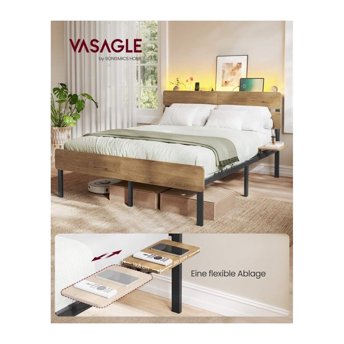 VASAGLE Doppelbettgestell aus Metall im Industrial Design mit LED-Beleuchtung und USB-Anschlüssen, Farbe: Eiche Natur/Braun, B/T/H: 140 x 200 cm - Bild 1