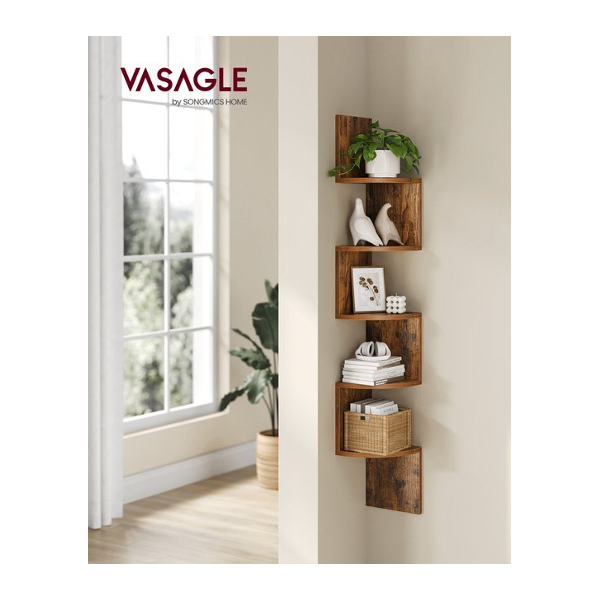 VASAGLE Eckregal in Industrial Design als wandmontiertes Schweberegal mit 5 Ebenen für Bücher und Pflanzen in Grau oder Braun - Bild 1