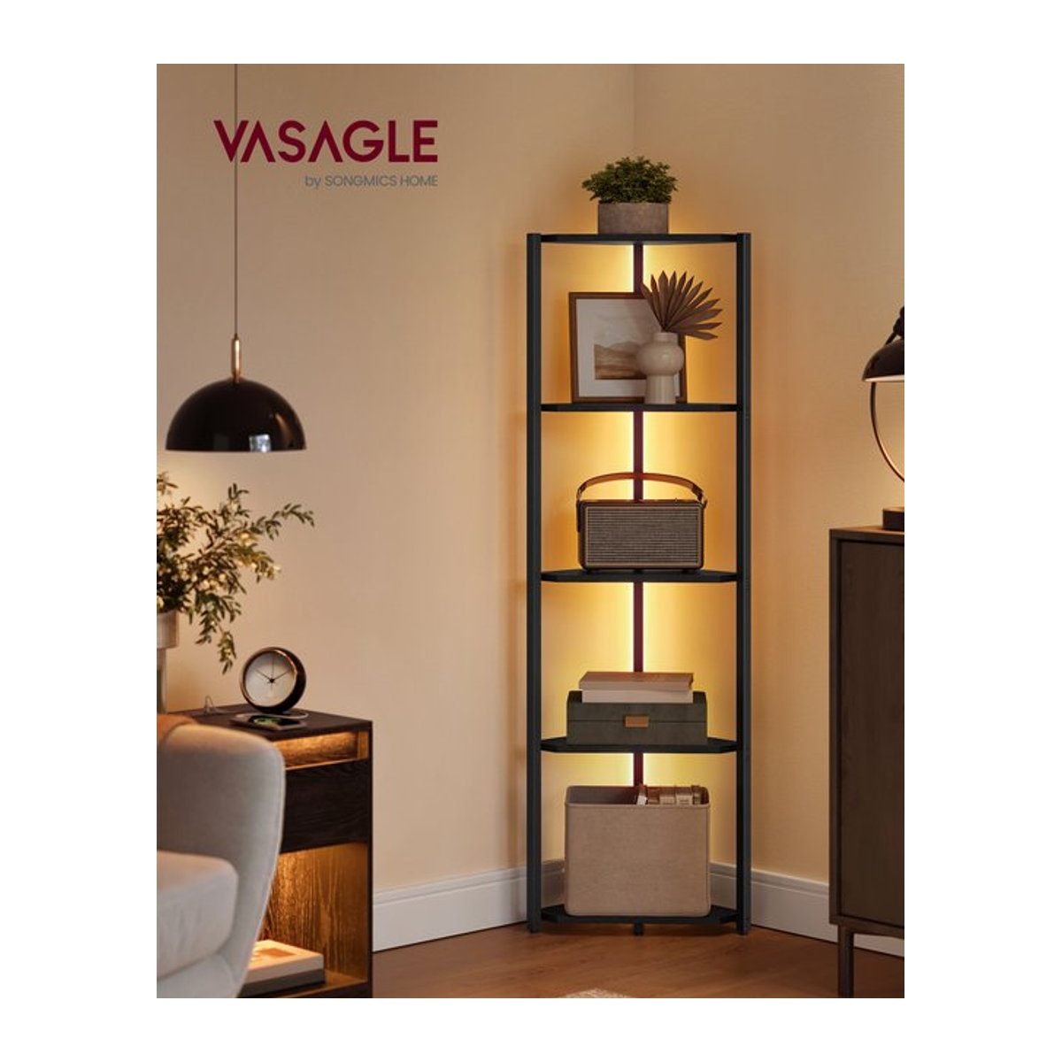 VASAGLE Eckregal Industrial Style in Schwarz mit Metallrahmen, B/T/H: 48 x 24,8 x 146,6 cm - Bild 1