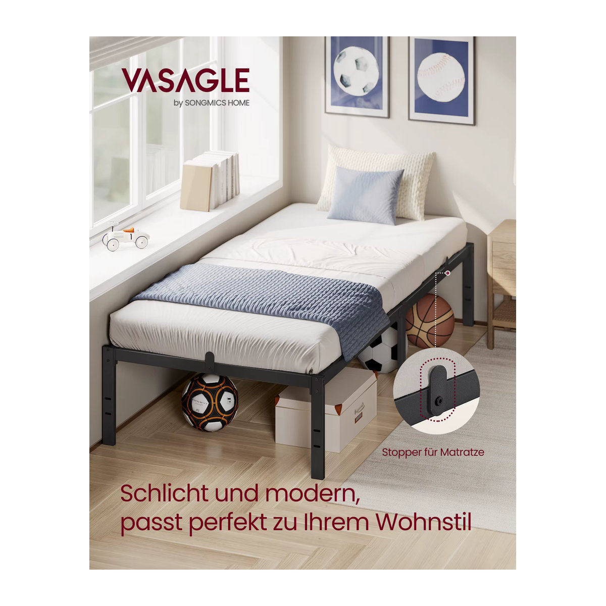 VASAGLE Einzelbettgestell aus Metall in Schwarz mit Unterbettaufbewahrung, B/T/H: 90 x 200 cm - Bild 2