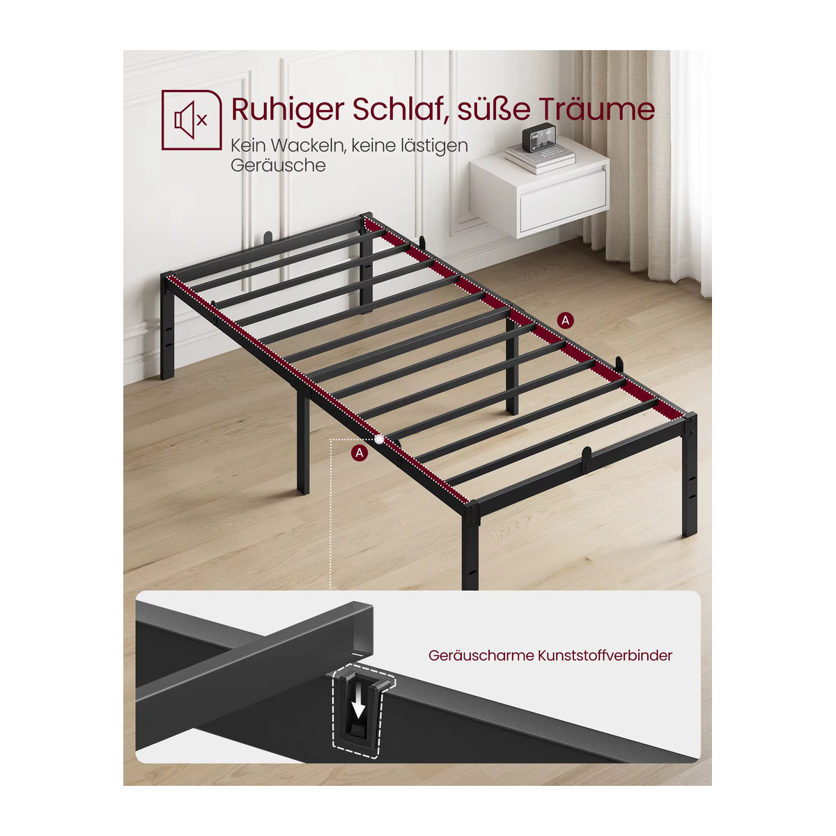 VASAGLE Einzelbettgestell aus Metall in Schwarz mit Unterbettaufbewahrung, B/T/H: 90 x 200 cm - Bild 3
