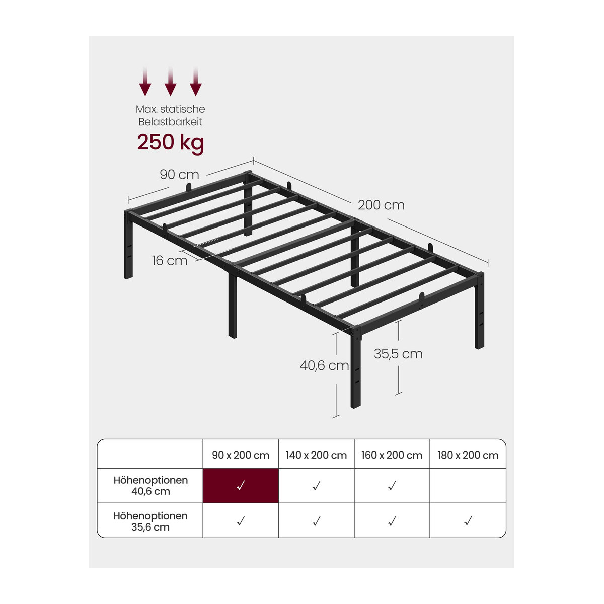 VASAGLE Einzelbettgestell aus Metall in Schwarz mit Unterbettaufbewahrung, B/T/H: 90 x 200 cm - Bild 5