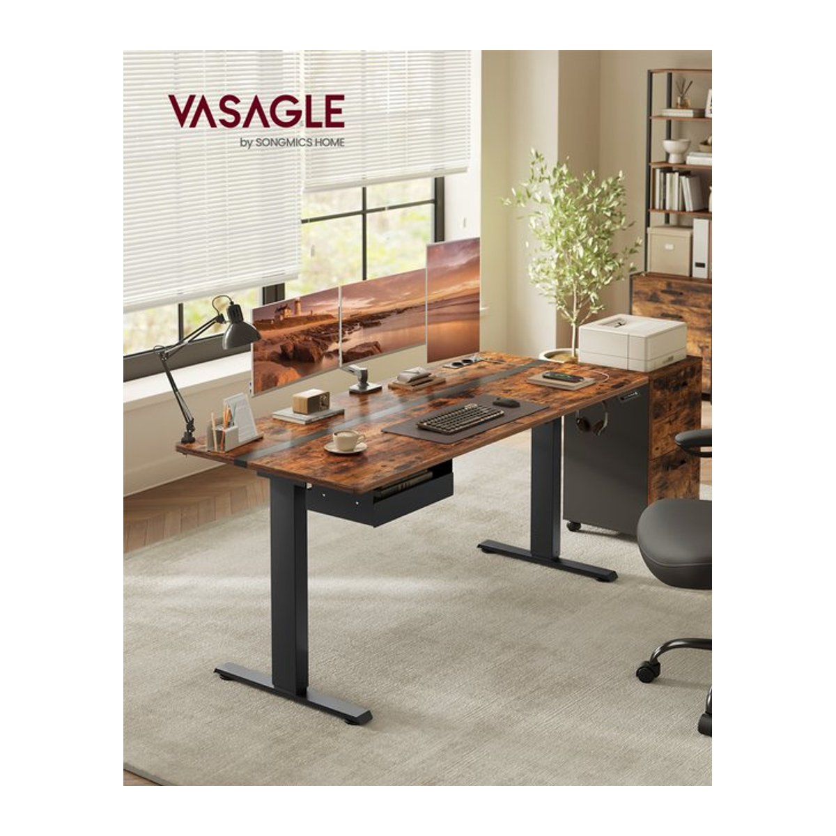 VASAGLE Elektrisch höhenverstellbarer Schreibtisch in Braun mit Memory-Funktion und 4 Höhenstufen, B: 160 cm, T: 70 cm - Bild 1